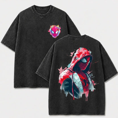 Hooded Web Hero Washed T-Shirt, Oversized Comic Graphic Tee, Vintage Front and Back Print Streetwear