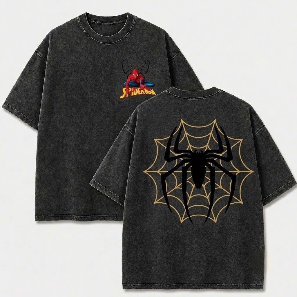 Spider Web Emblem Vintage Washed Graphic Tee – Front & Back Print