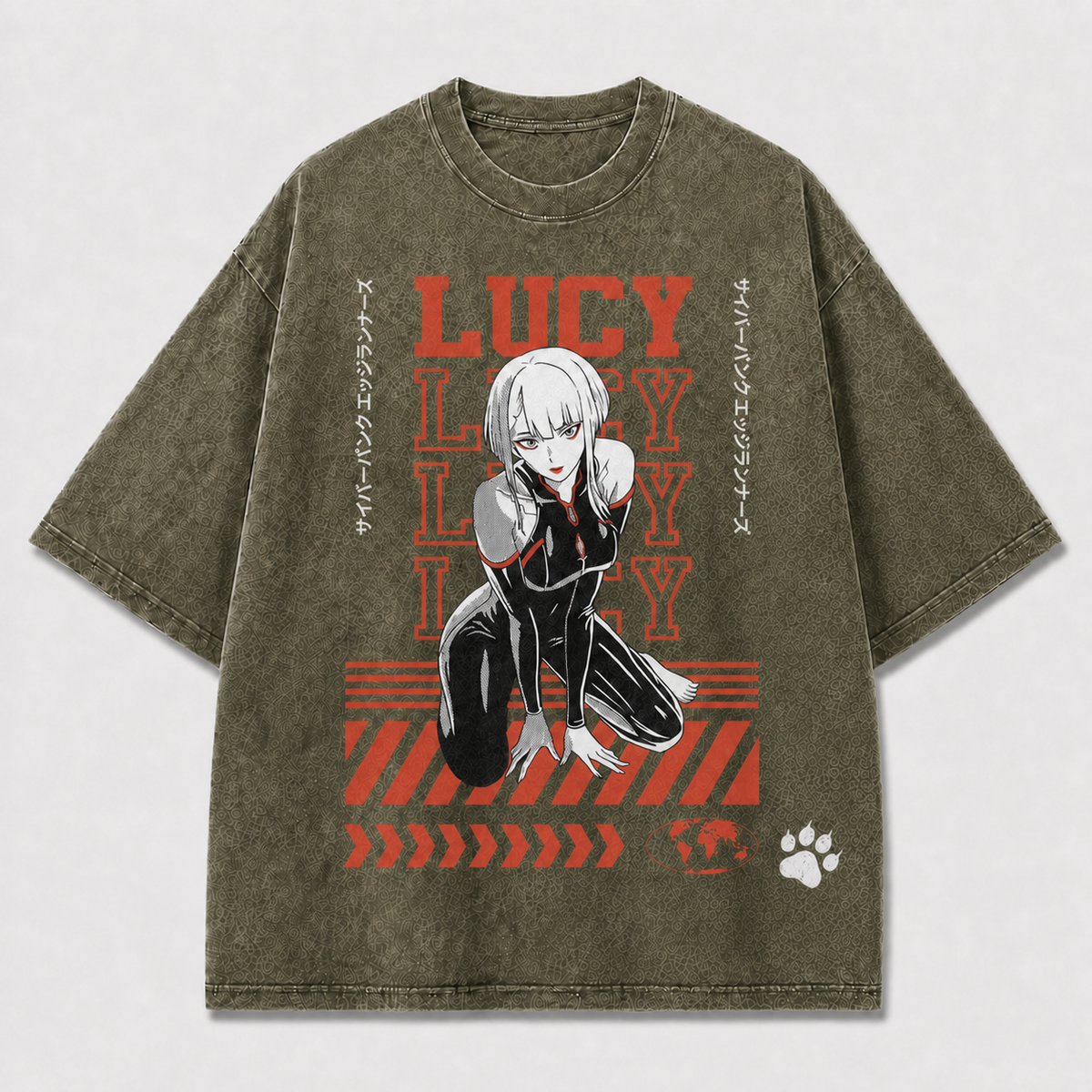 And Crouching Cybernetic Woman with Repeating Oversized Graphic Tee