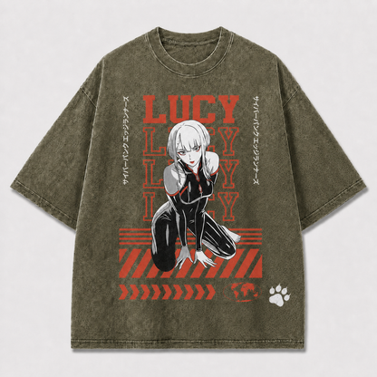 And Crouching Cybernetic Woman with Repeating Oversized Graphic Tee