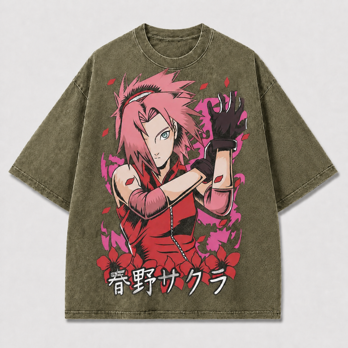 Pink-haired Female Fighter Portrait with Floral Oversized Graphic Tee