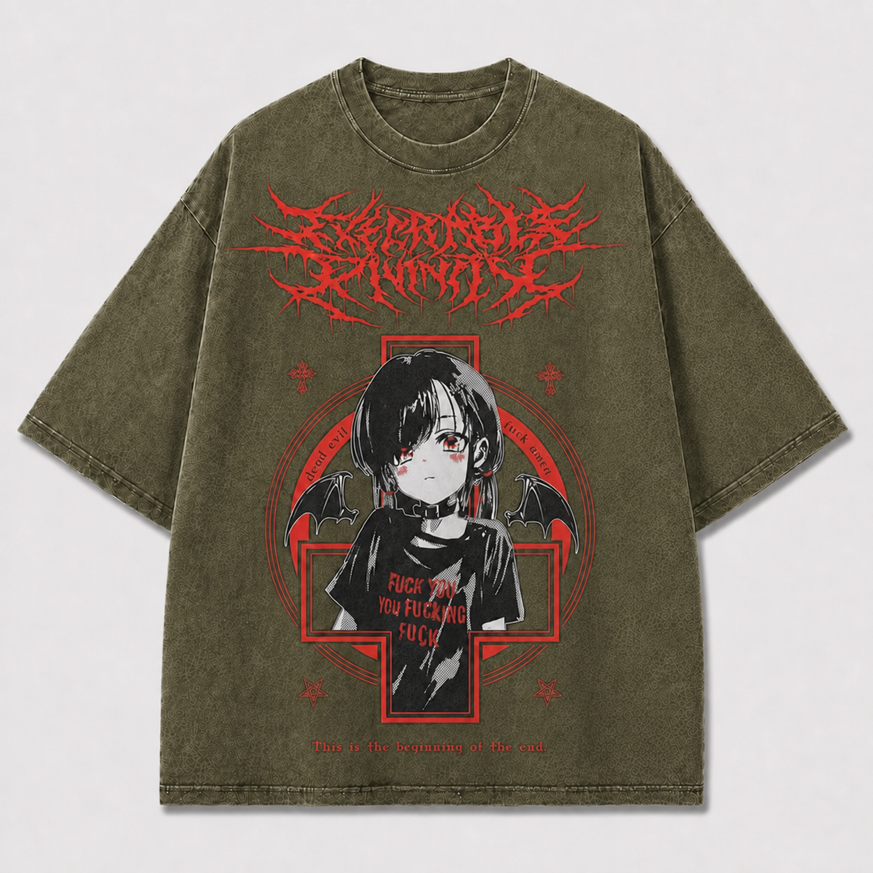 Gothic and Portrait of a Winged Dark-haired Oversized Graphic Tee