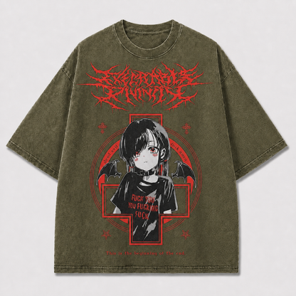 Gothic and Portrait of a Winged Dark-haired Oversized Graphic Tee