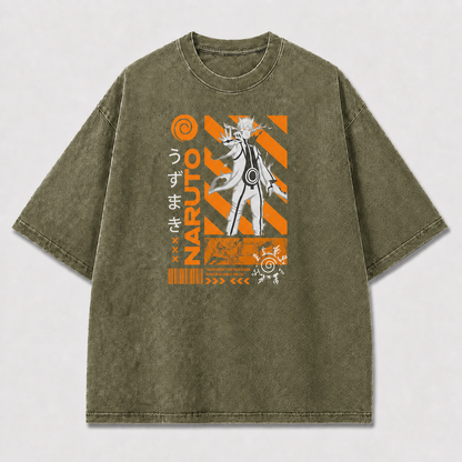And Mystical Ninja Figure with Geometric Stripes Oversized Graphic Tee