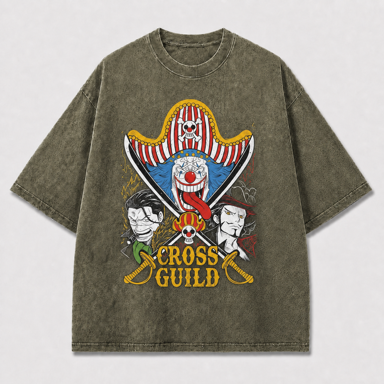 Colorful Pirate-inspired Clown and Two Stern Oversized Graphic Tee