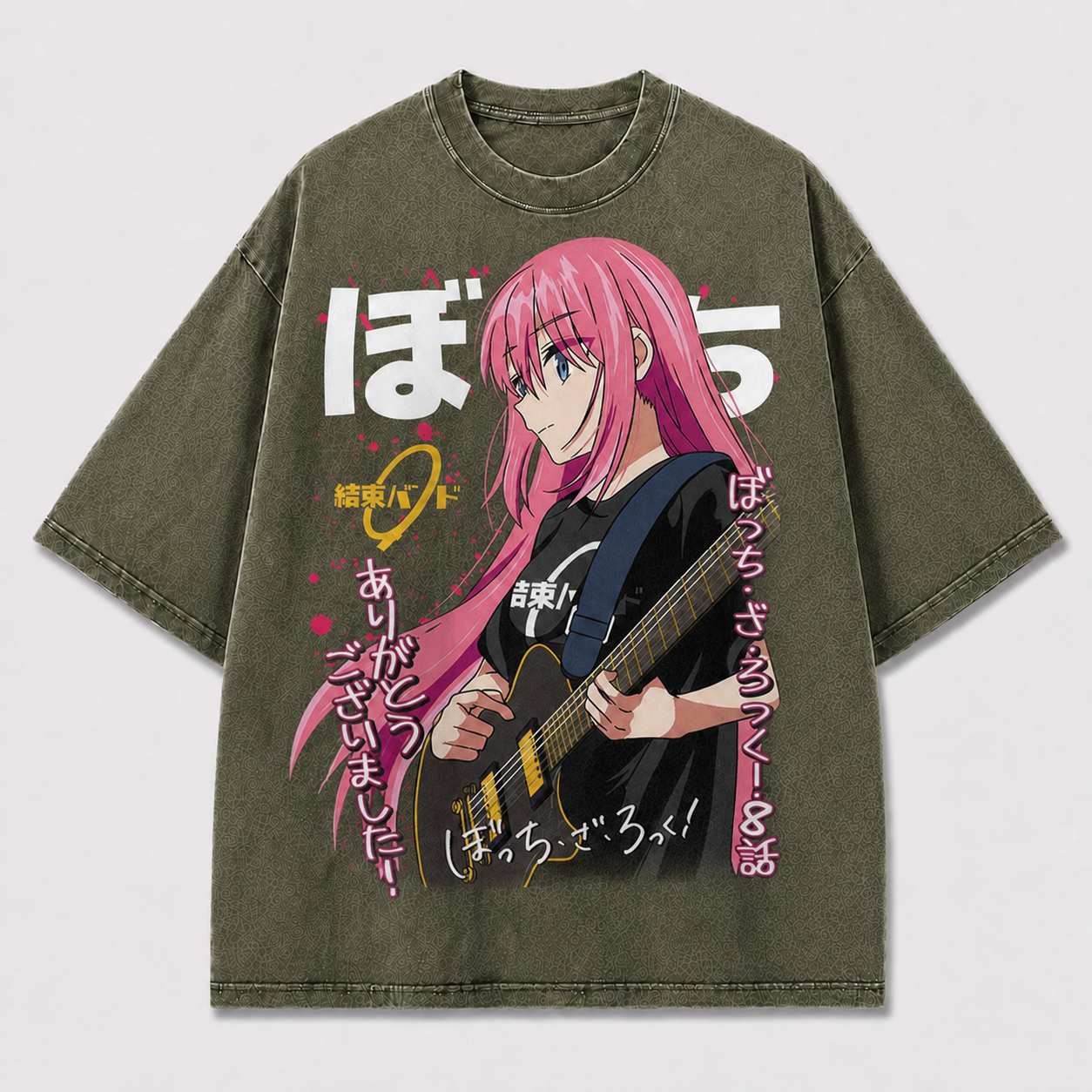 Pink-haired Guitarist Portrait with Energetic Oversized Graphic Tee