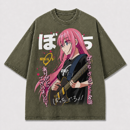Pink-haired Guitarist Portrait with Energetic Oversized Graphic Tee