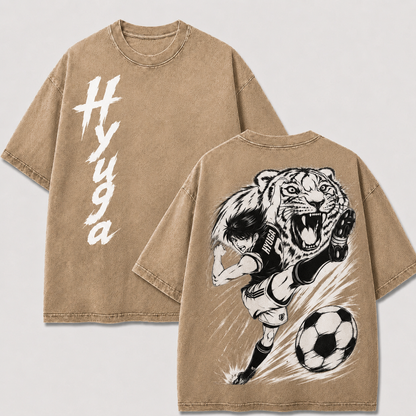 Kojiro Hyuga Tiger Shot washed T-shirt in apricot, front and back views