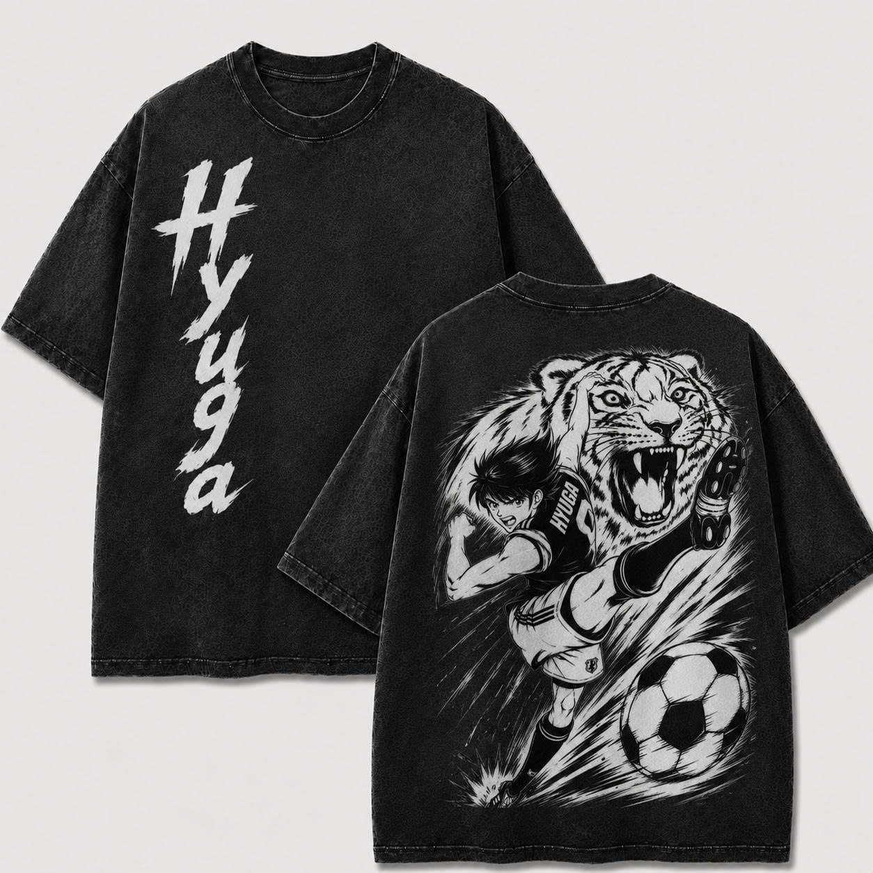 Kojiro Hyuga Tiger Shot washed T-shirt in black, front and back views