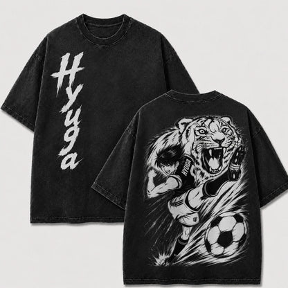 Kojiro Hyuga Tiger Shot washed T-shirt in black, front and back views