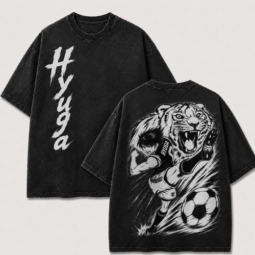 Kojiro Hyuga Tiger Shot washed T-shirt in black, front and back views