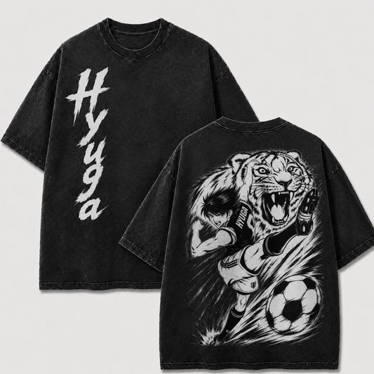 Kojiro Hyuga Tiger Shot washed T-shirt in black, front and back views