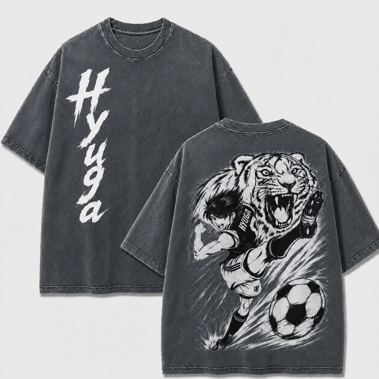 Kojiro Hyuga Tiger Shot washed T-shirt in gray, front and back views