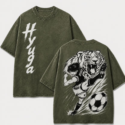 Kojiro Hyuga Tiger Shot washed T-shirt in khaki, front and back views