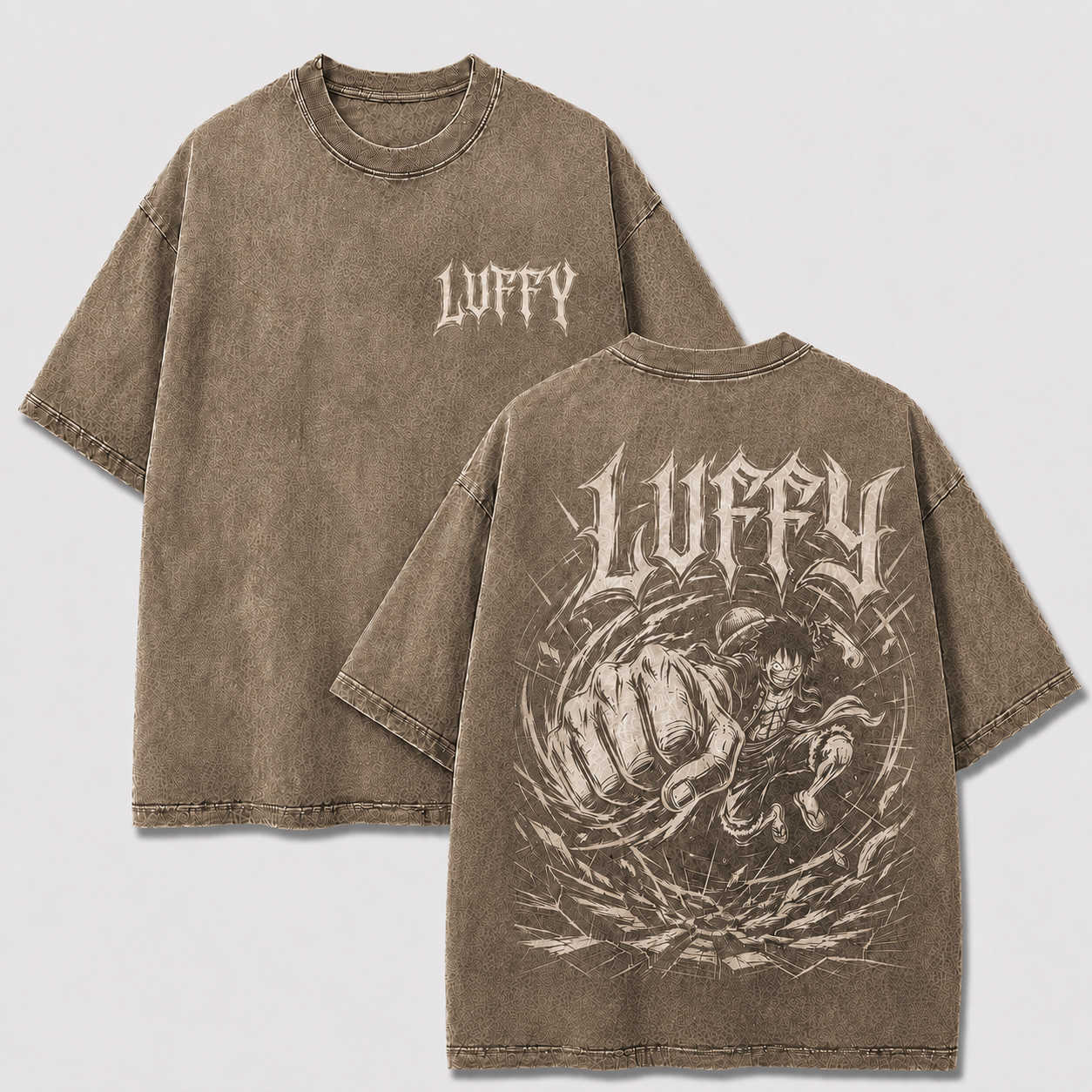 Apricot Luffy manga graphic tee with monochrome giant punch artwork and front back print