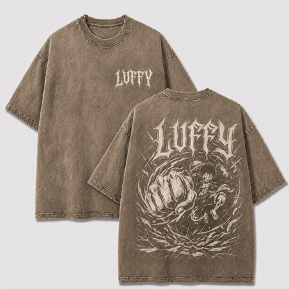 Apricot Luffy manga graphic tee with monochrome giant punch artwork and front back print