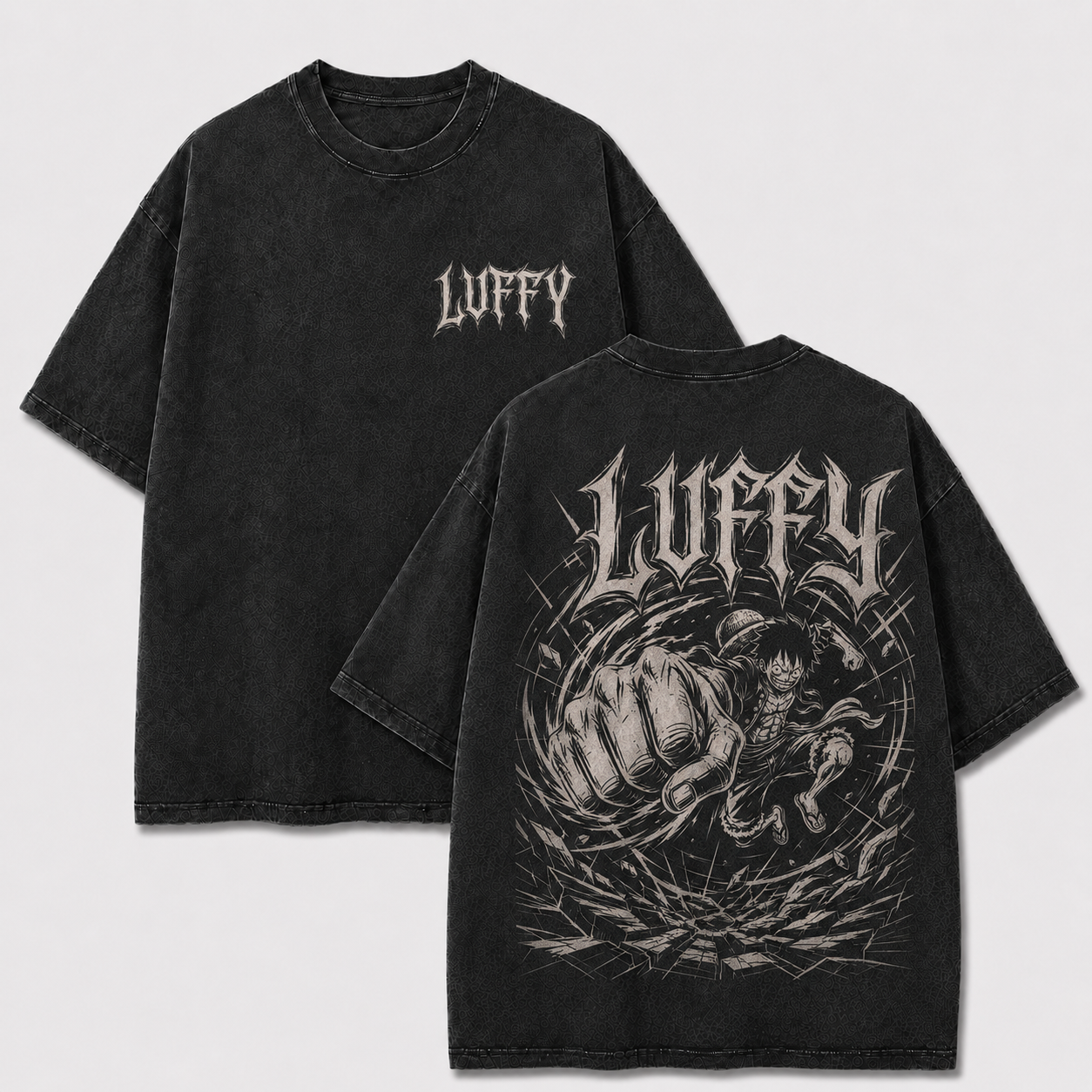 Black Luffy giant punch washed tee with gothic front text and monochrome manga back graphic