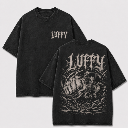 Black Luffy giant punch washed tee with gothic front text and monochrome manga back graphic