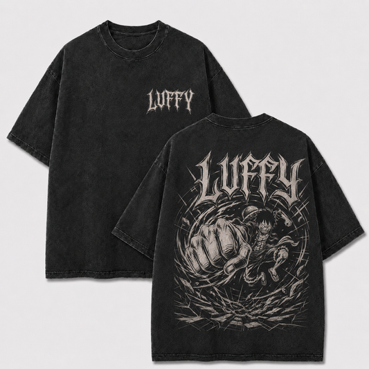Black Luffy giant punch washed tee with gothic front text and monochrome manga back graphic