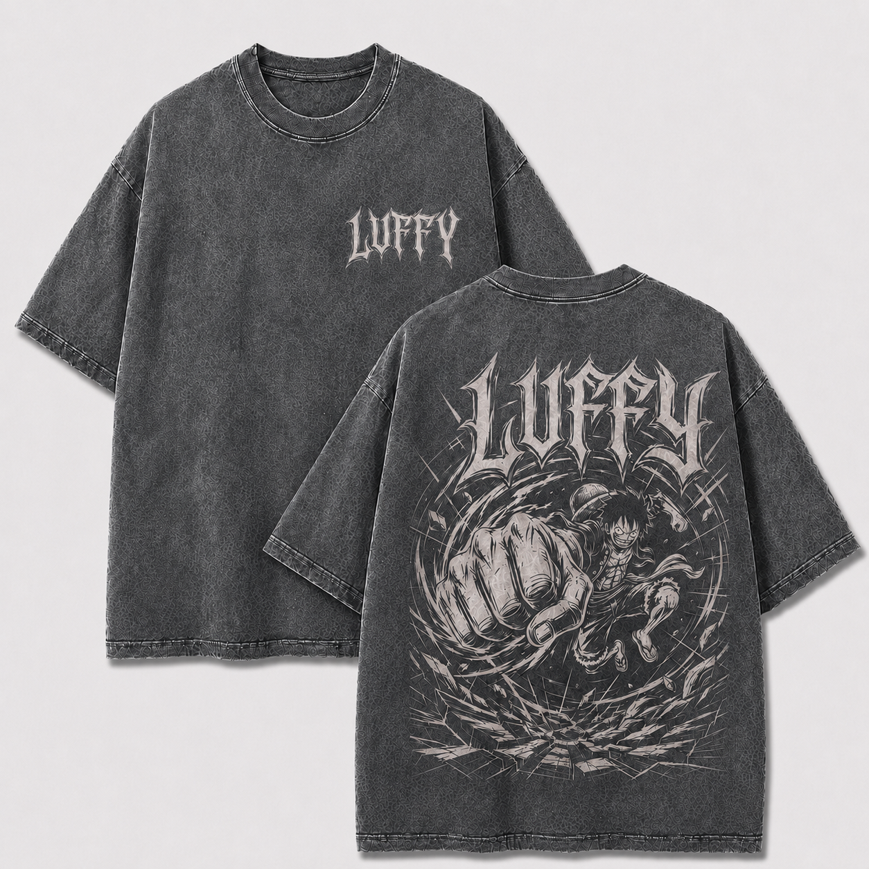 Gray Monkey D Luffy washed anime shirt with giant fist front and back manga artwork