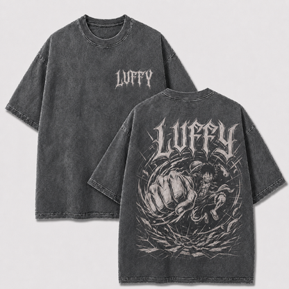 Gray Monkey D Luffy washed anime shirt with giant fist front and back manga artwork