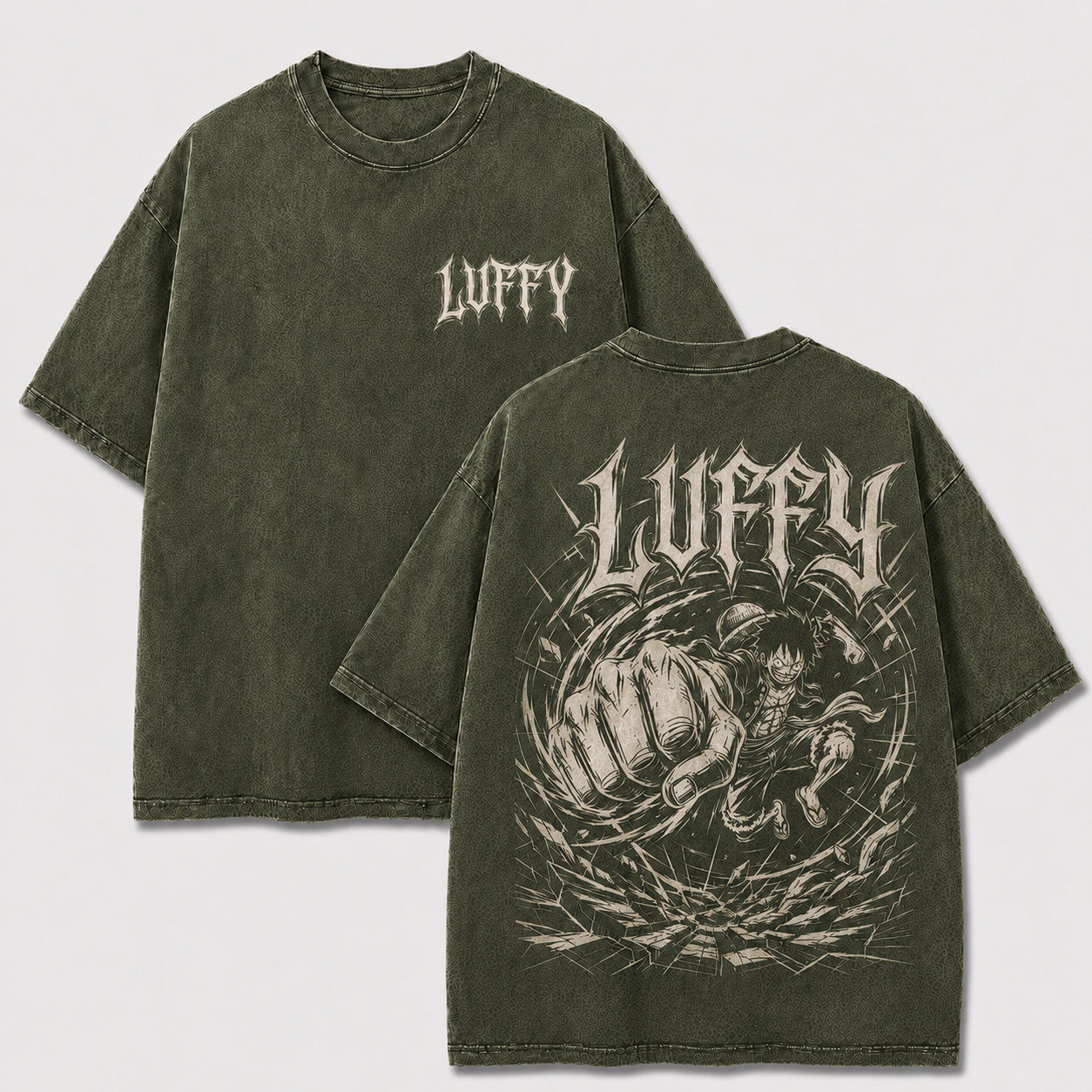 Khaki Luffy oversized washed tee with gothic name graphic and dynamic punch back print