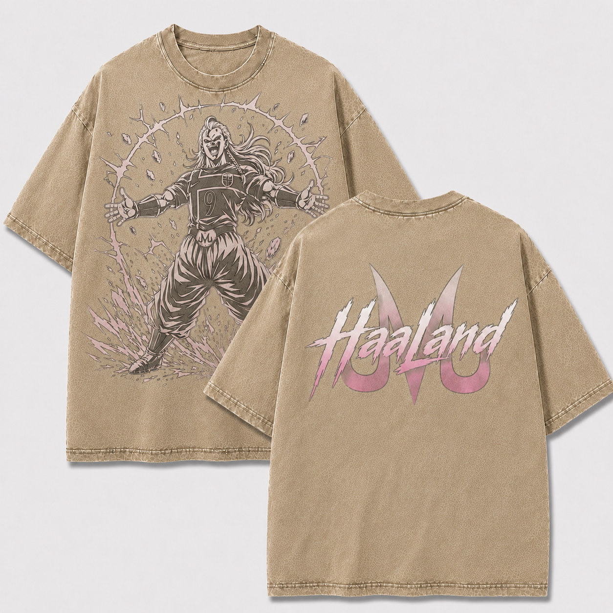 Majin Haaland apricot washed oversized T-shirt with anime football front art and Majin back print