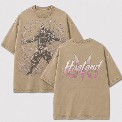 Majin Haaland apricot washed oversized T-shirt with anime football front art and Majin back print