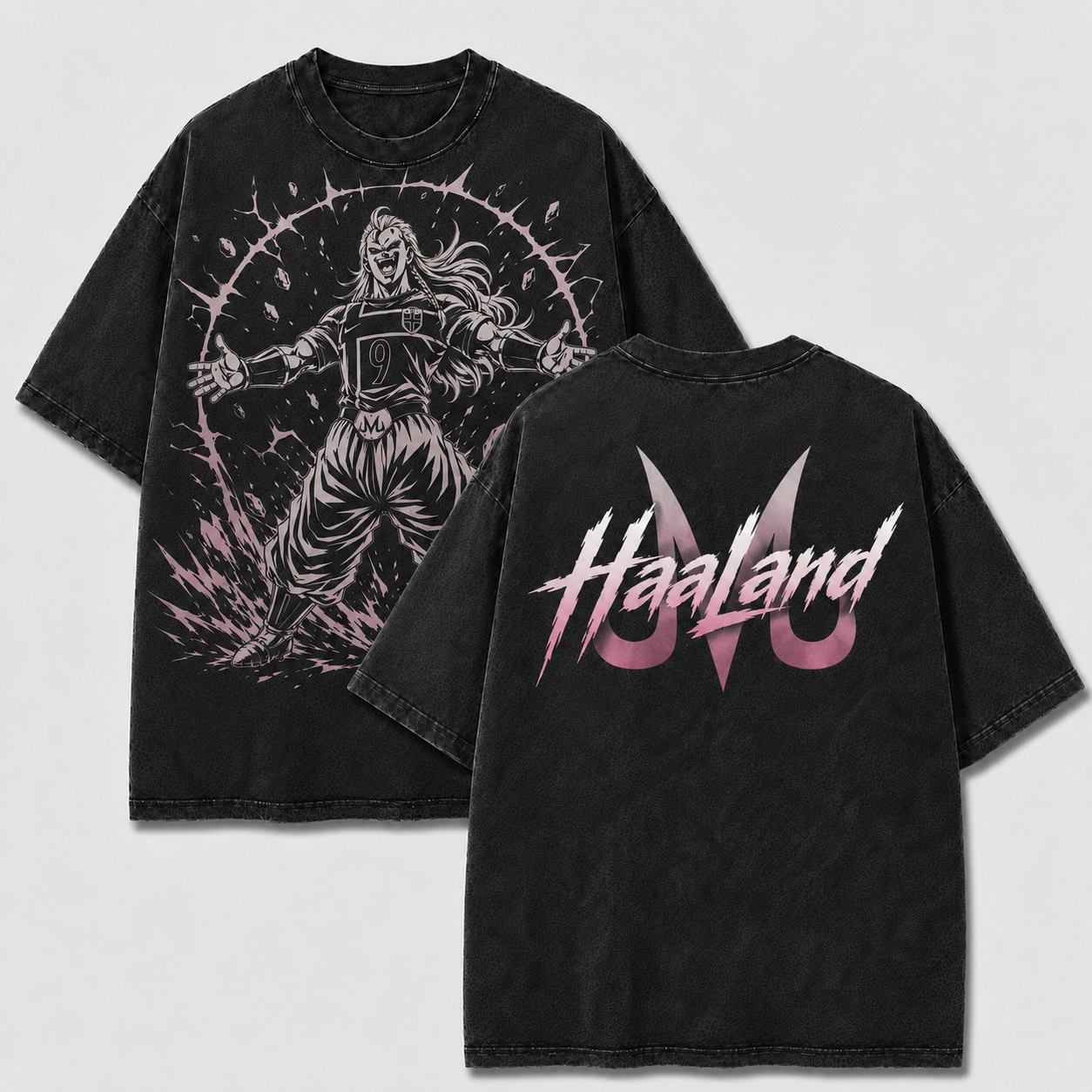 Majin Haaland black washed oversized T-shirt with Norway No. 9 warrior and Majin symbol back print