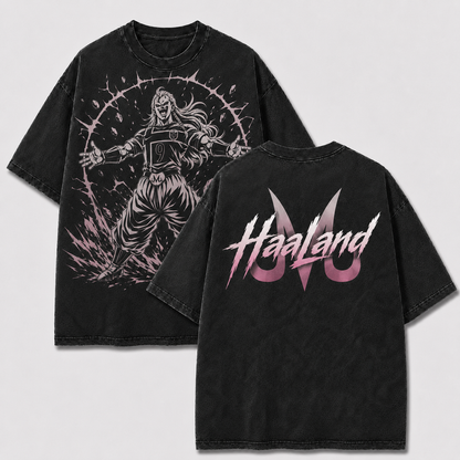Majin Haaland black washed oversized T-shirt with Norway No. 9 warrior and Majin symbol back print