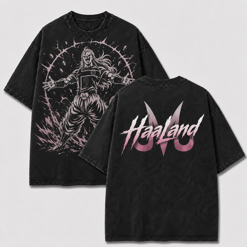 Majin Haaland black washed oversized T-shirt with Norway No. 9 warrior and Majin symbol back print