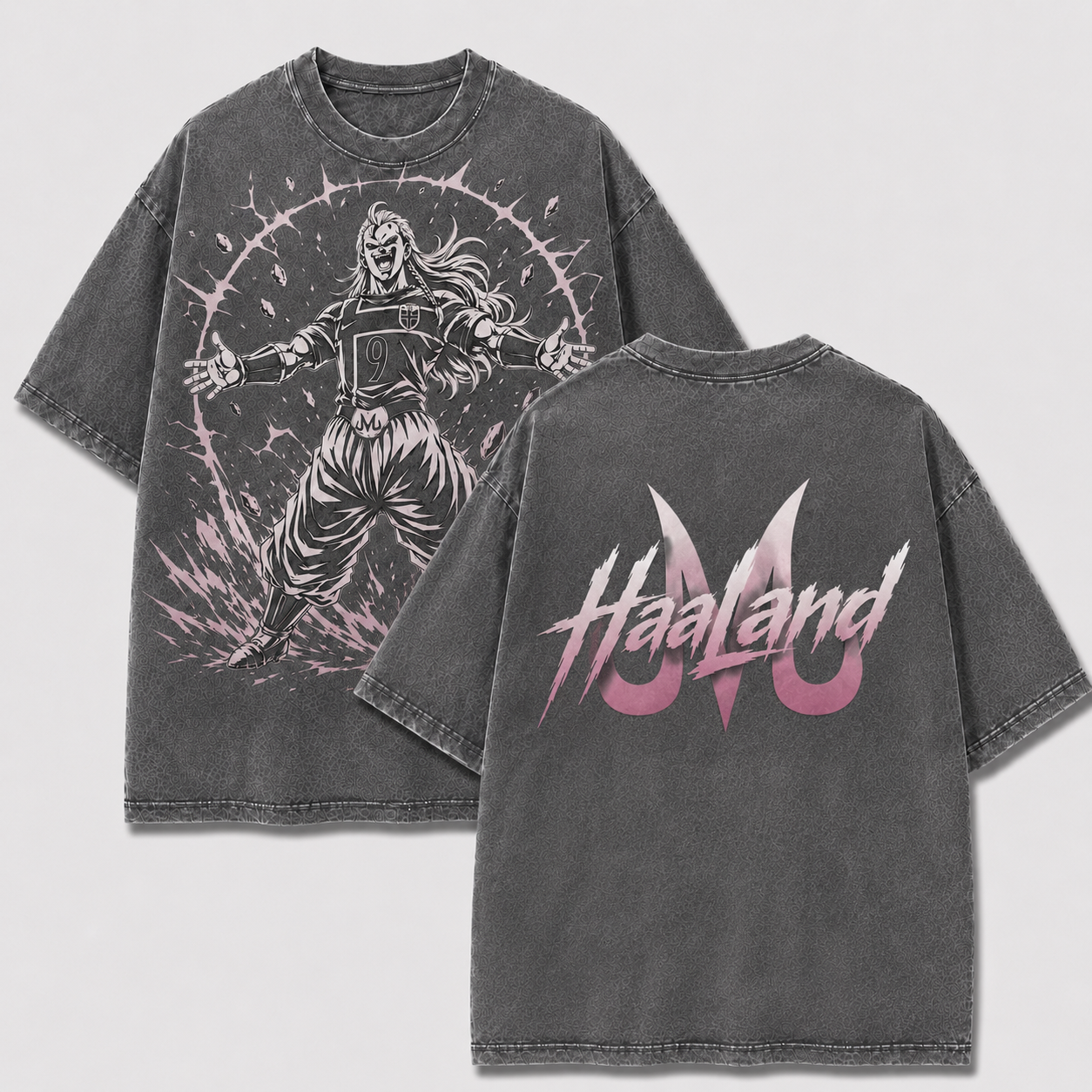 Majin Haaland gray washed oversized T-shirt with Norway No. 9 anime front graphic and Haaland back logo