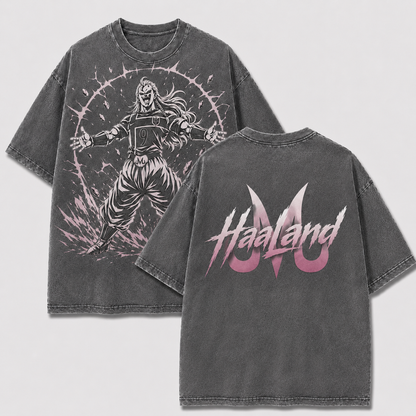 Majin Haaland gray washed oversized T-shirt with Norway No. 9 anime front graphic and Haaland back logo