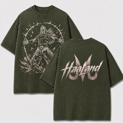 Majin Haaland khaki washed oversized T-shirt with Norway striker artwork and Haaland Majin back graphic