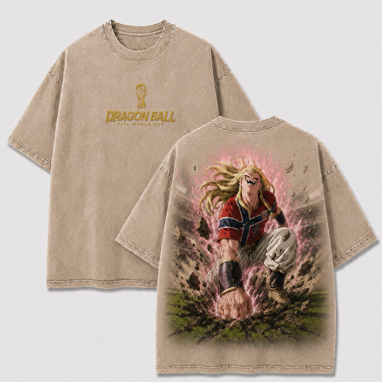 Majin Haaland apricot washed oversized T-shirt with tournament chest logo and anime football back artwork
