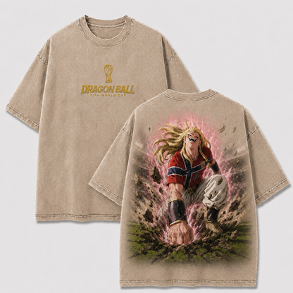 Majin Haaland apricot washed oversized T-shirt with tournament chest logo and anime football back artwork