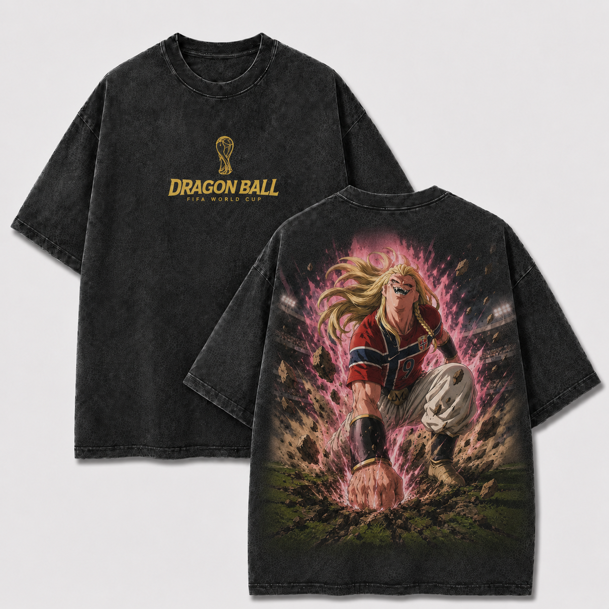 Majin Haaland black washed oversized T-shirt with World Cup front logo and Norway No. 9 anime back graphic