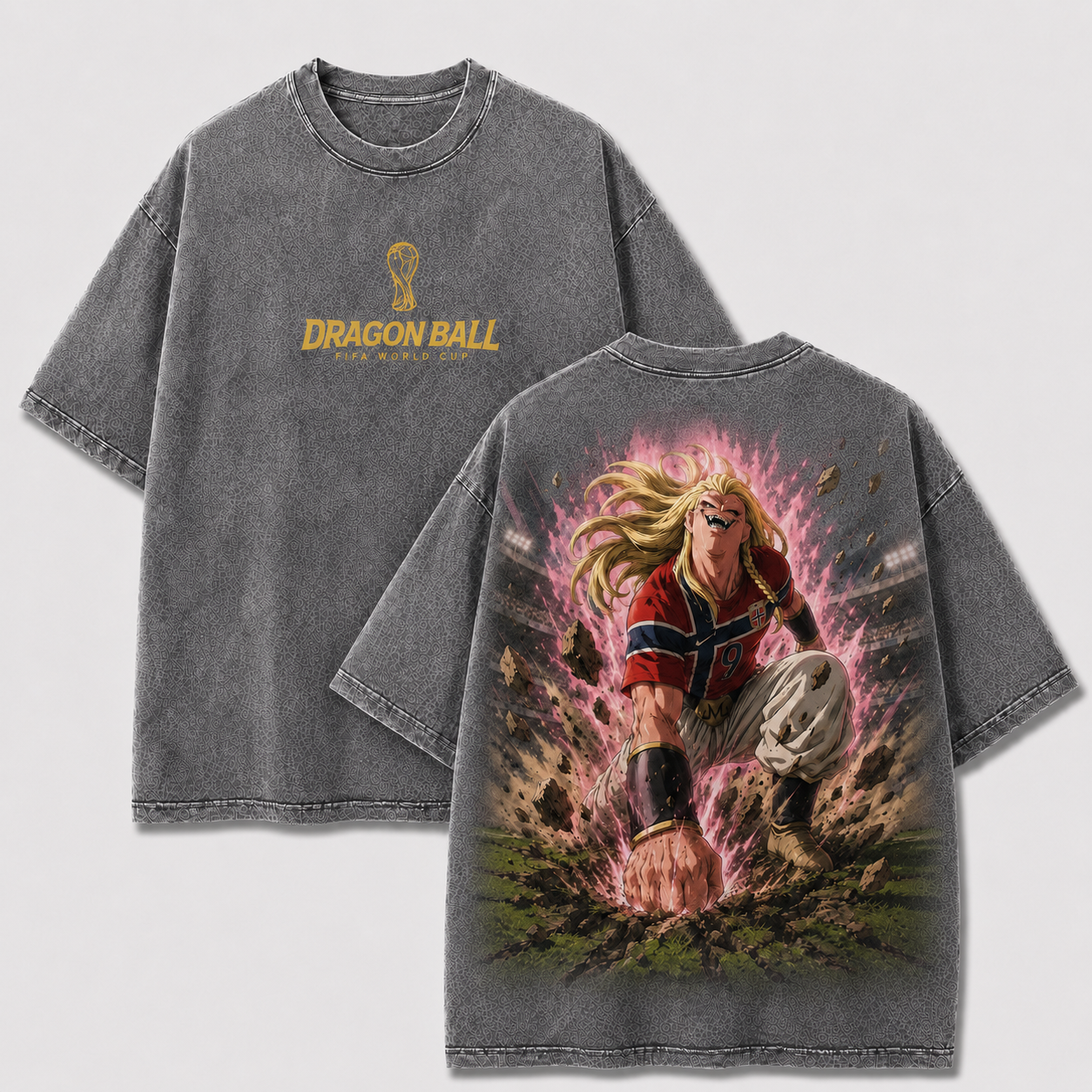 Majin Haaland gray washed oversized T-shirt with front tournament logo and manga football back print