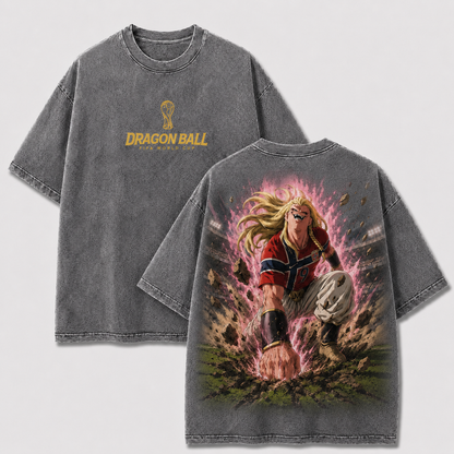 Majin Haaland gray washed oversized T-shirt with front tournament logo and manga football back print