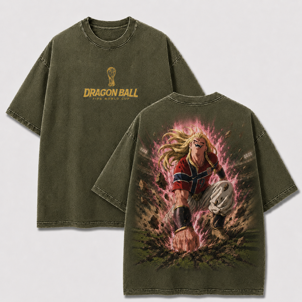 Majin Haaland khaki washed oversized T-shirt with Norway striker and pink energy aura back graphic