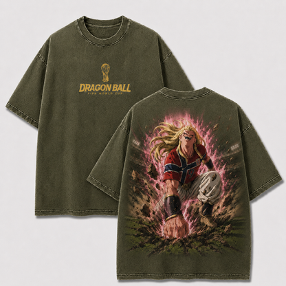 Majin Haaland khaki washed oversized T-shirt with Norway striker and pink energy aura back graphic