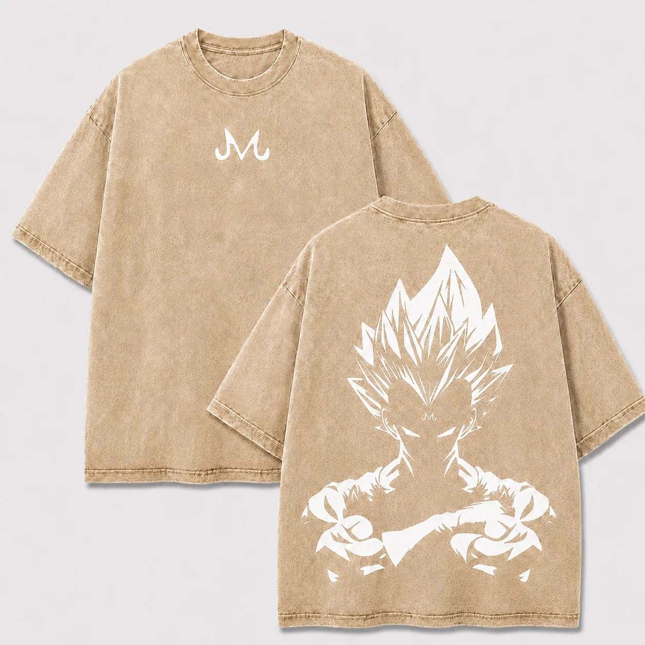 Majin Vegeta apricot washed oversized T-shirt with Majin symbol front and arms-crossed back graphic