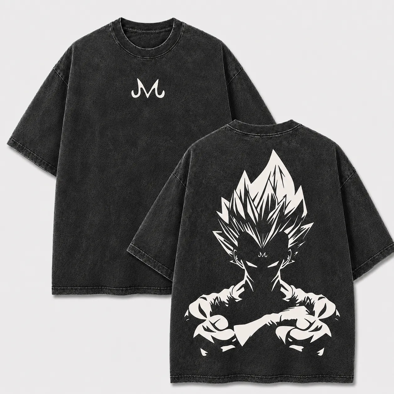 Majin Vegeta black washed oversized T-shirt with front Majin emblem and arms-crossed back graphic