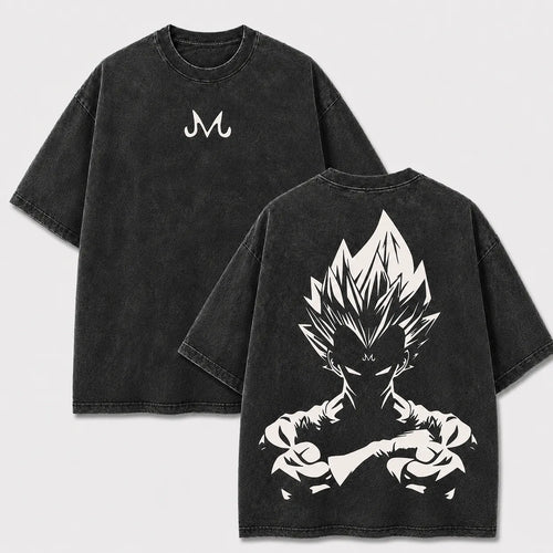 Majin Vegeta black washed oversized T-shirt with front Majin emblem and arms-crossed back graphic