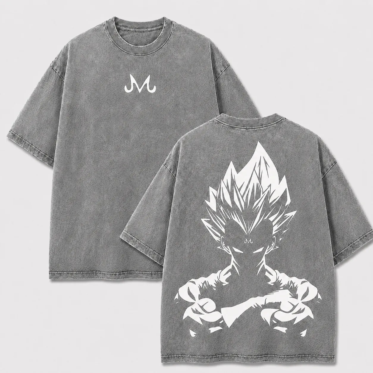 Majin Vegeta gray washed oversized T-shirt with Majin symbol and monochrome arms-crossed artwork