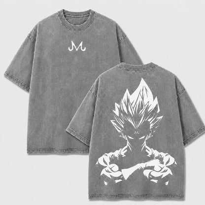 Majin Vegeta gray washed oversized T-shirt with Majin symbol and monochrome arms-crossed artwork
