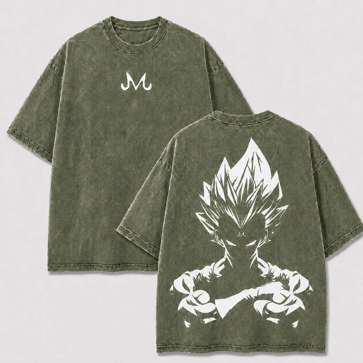 Majin Vegeta khaki washed oversized T-shirt with front Majin emblem and white silhouette back print