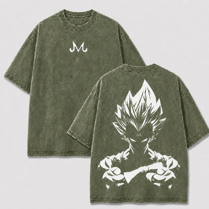 Majin Vegeta khaki washed oversized T-shirt with front Majin emblem and white silhouette back print