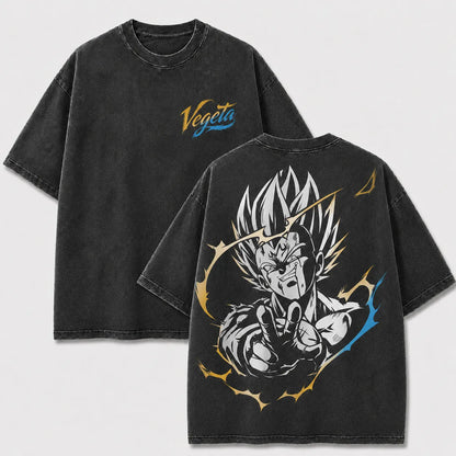 Majin Vegeta black washed oversized T-shirt with front chest logo and back anime graphic