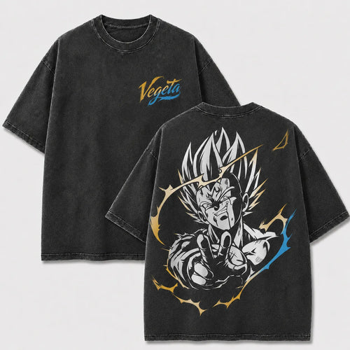 Majin Vegeta black washed oversized T-shirt with front chest logo and back anime graphic